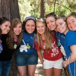 Oncology Camp participants Annelise Green-Burke (2nd from left) and Sadie Cibula (in red),  both originally from Shasta County, with Okizu camp counselors. Photo: Michael Burke. www.burkephotography.biz