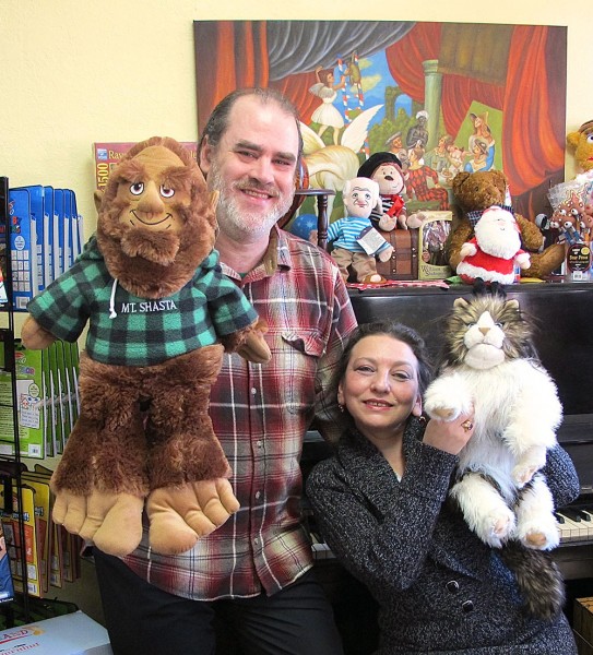 Co-founders Daniel and Simona Bryan in their fun-filled Mt. Shasta toy store ePuppets.com. 