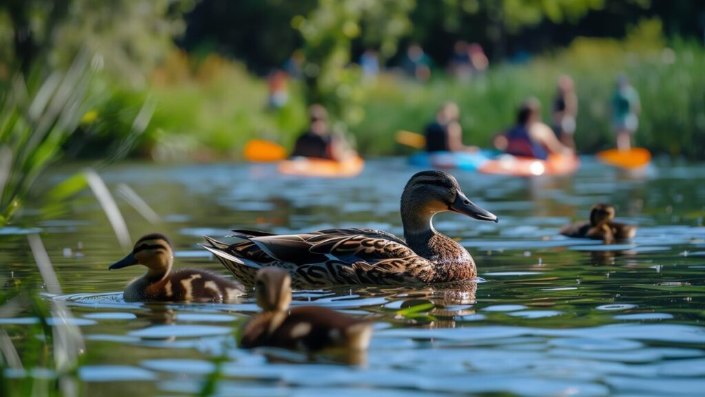 Ducks swimming in a serene lake with people kayaking in the background on a sunny day.