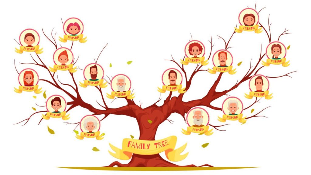 Family tree with pictures of relatives in round frames on bare branches horizontal cartoon vector illustration