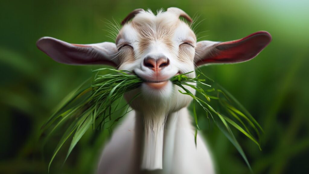 photo portrait of happy goat eating grass