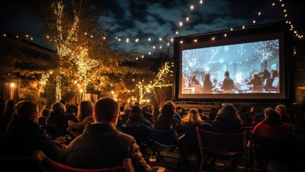 Christmas open air cinema in winter. People watching movie in open air movie theater. AI Generated