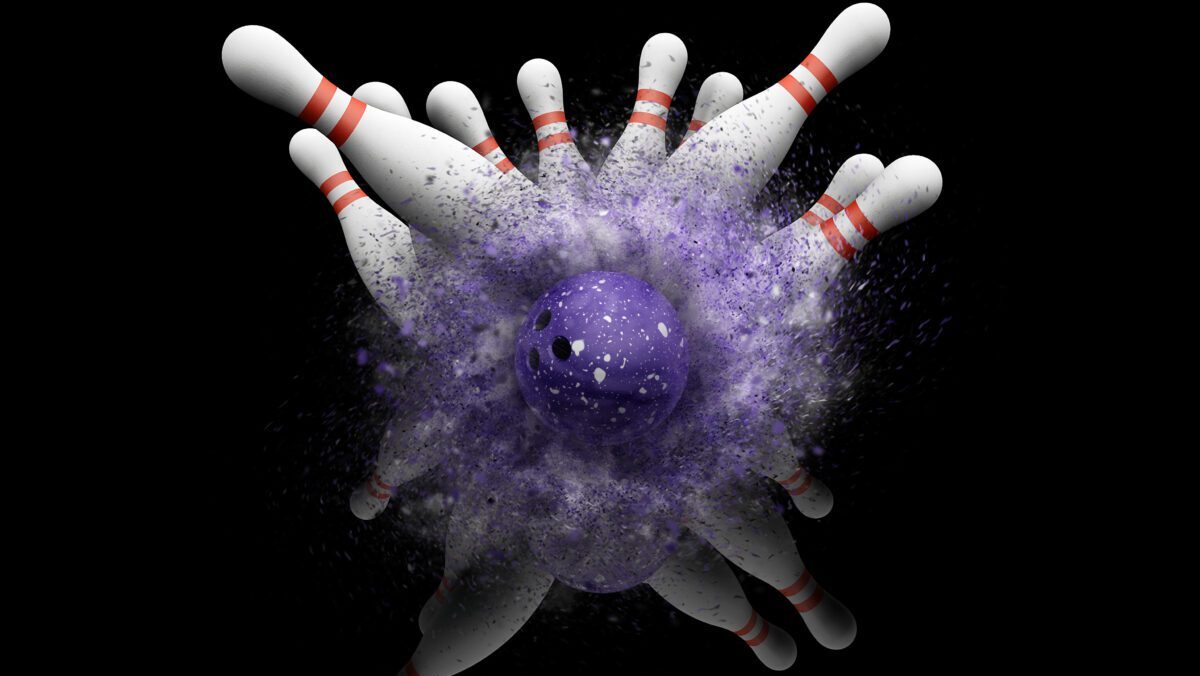 3D bowling ball smashing into skittles