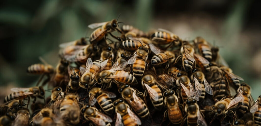 Busy honey bees working in crowded hive generated by artificial intelligence