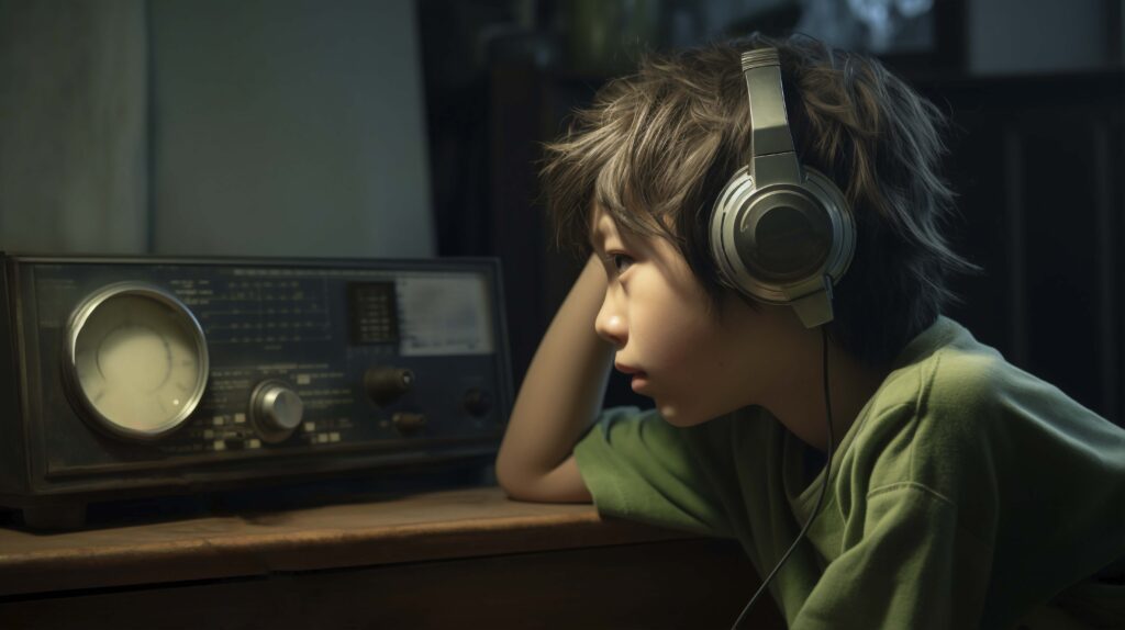 child listening to radio