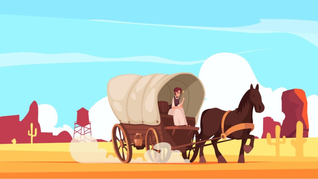 Horse drawn vintage vehicle cartoon composition with girl sitting in covered wagon at south nature background vector illustration SSUCv3H4sIAAAAAAACA01RTWvDMAz9K8bnsG7sluOgbAwGZeut7KDYWmrqWEGWk46S/z65H6M3Se/pSU862Q5ycLY92RBjycIggZJtnxqLPghxgGjbx6WxWUBKxqxczRwI9oqe85vI7lTrtrVbhpRHYrmoaXPptPwRssMYISGVbJfmRn8Bd+iZSvJ5tcWjFFbZW9MdaJfvxkKPyf3WLXQNxohwXmqn0GEW5OG64RQ80iWE4kMN7UQOouLP1YG6paFWe4ZxHxyHCbnmHrPTwL4RZzSeYU5mCkl0splQmRGNAxaiZBwNI+VQbZo5yN70gaPRgoTUm1AJqorezNArBcRkKkpLUF2a7t+cKjs9t7l/w4NZ6w+g03nrzZcBZX1i8shV+H3zan6IB71gY+VY72ib60EvWnnlKDkcpUBcqeSEURl00O8uy/IHY8FhRvsBAAA=