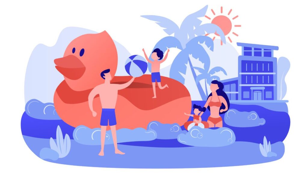 Parents, children swimming. Kids sunbathing near sea resort, hotel. Family vacations, all ages vacation, fantastic family adventure concept. Pinkish coral bluevector isolated illustration