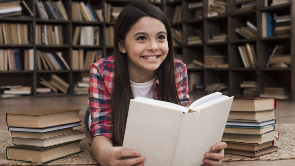 girl reading in library