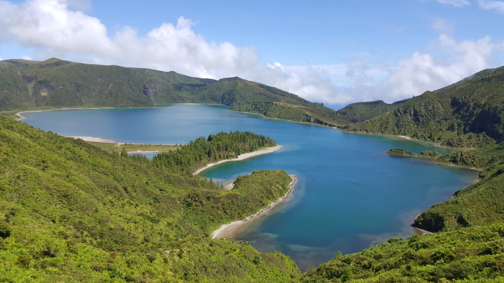 An aerial view of Fogo lake in Sao Miguel Island, Azores, Portugal