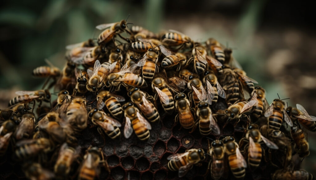 Busy honey bees working in crowded hive generated by artificial intelligence