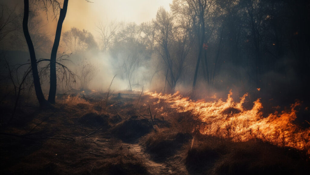 Burning forest, inferno of destruction and mystery generated by artificial intelligence