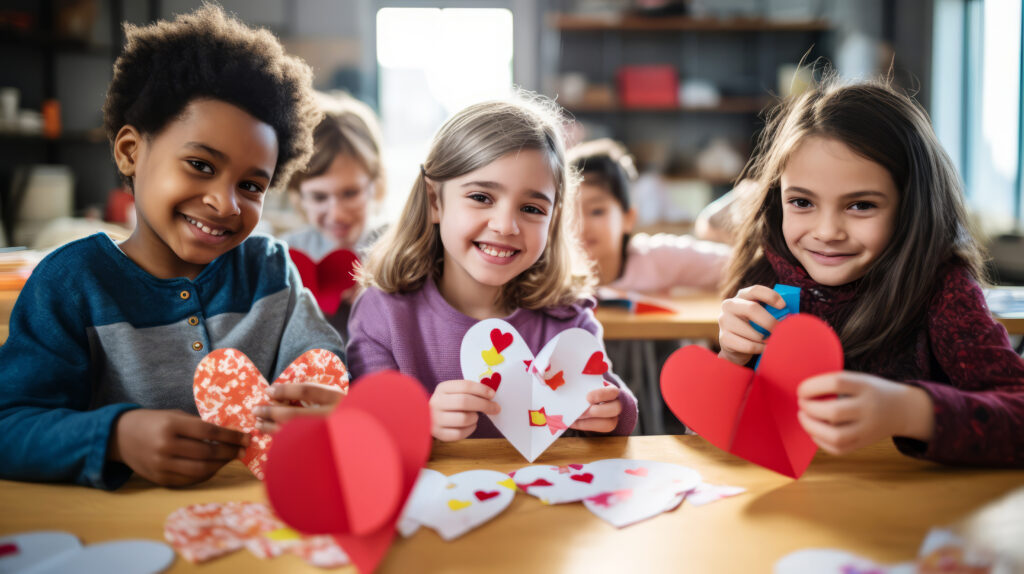 School kids of diverse backgrounds making DIY Valentine's cards in class