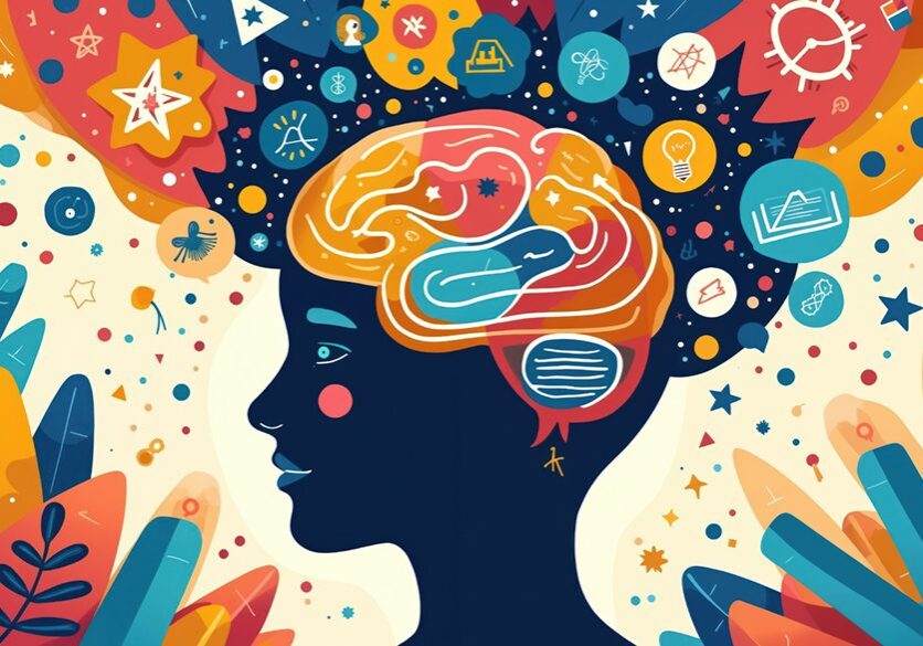 Illustration of teen brain. Concept of learning different subjects. Person thinks, study, explore world, gain new knowledge. Mind health, education. Generating ideas, creative inspiration cognitive