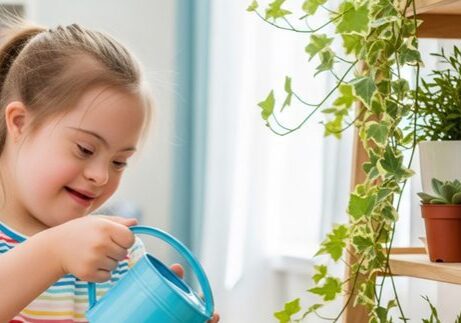 Happy child with down syndrome girl watering house plant. Home a