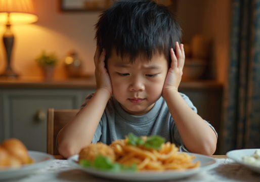 Young Asian boy shows distress with food in cozy home interior. Faces meal with pasta, noodles, salad, experiencing worry, anxiety, appetite disorder. Mental health, youth, pressure emotional