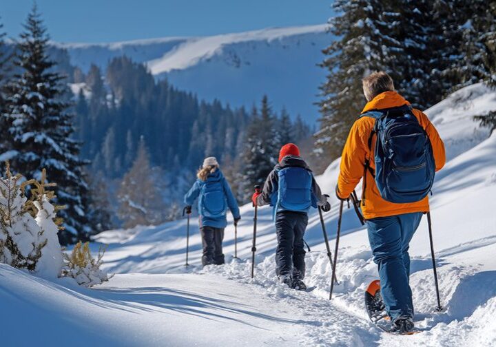 A family snowshoes in single file through a national park winter