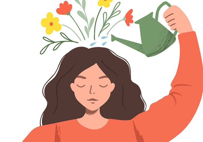 Thinking positve as a mindset. Woman watering plants that symbolize happy thoughts. Flat vector illustration