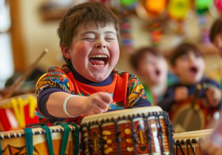 Happy young child with down syndrome participates in a drumming class