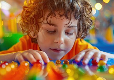An autistic child focusing on a sensory activity, feeling calm