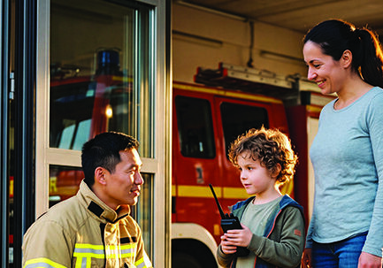 Kind mit Funkgerät an der Türschwelle der Feuerwache